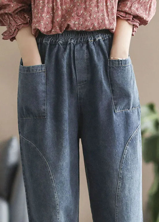 Style Blue Elastic Waist Pockets Cotton Denim Harem Pants Spring