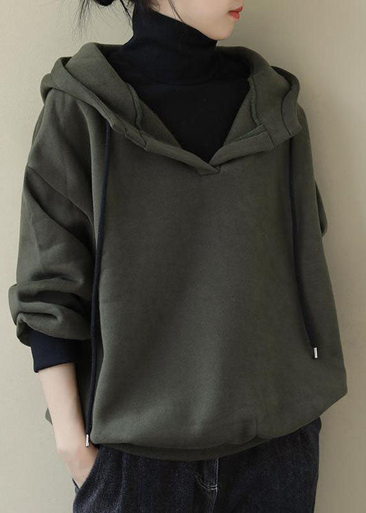 Army Green Drawstring Warm Fleece Sweatshirts Top Spring