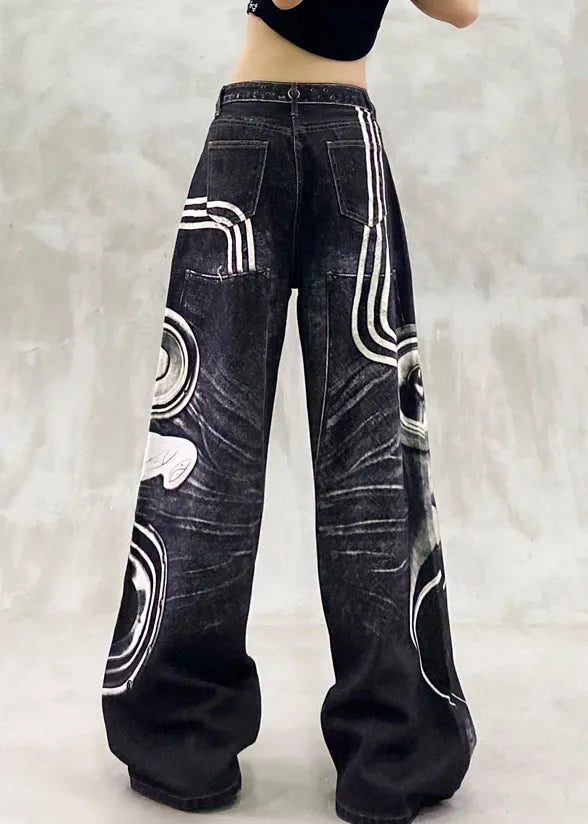 Modern Black Print High Waist Denim Wide Leg Pants Fall