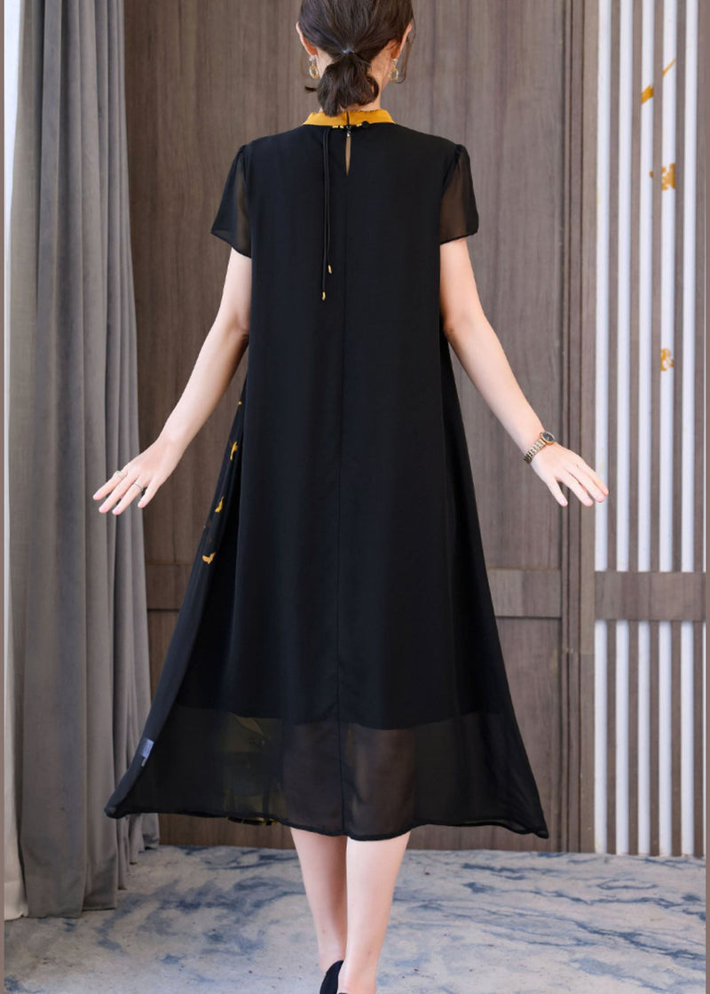 Classy Black Stand Collar Print Chiffon Holiday Dresses Short Sleeve