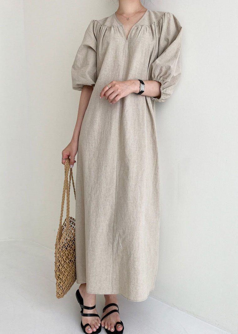 Khaki V Neck Retro Cotton Dress Half Sleeve