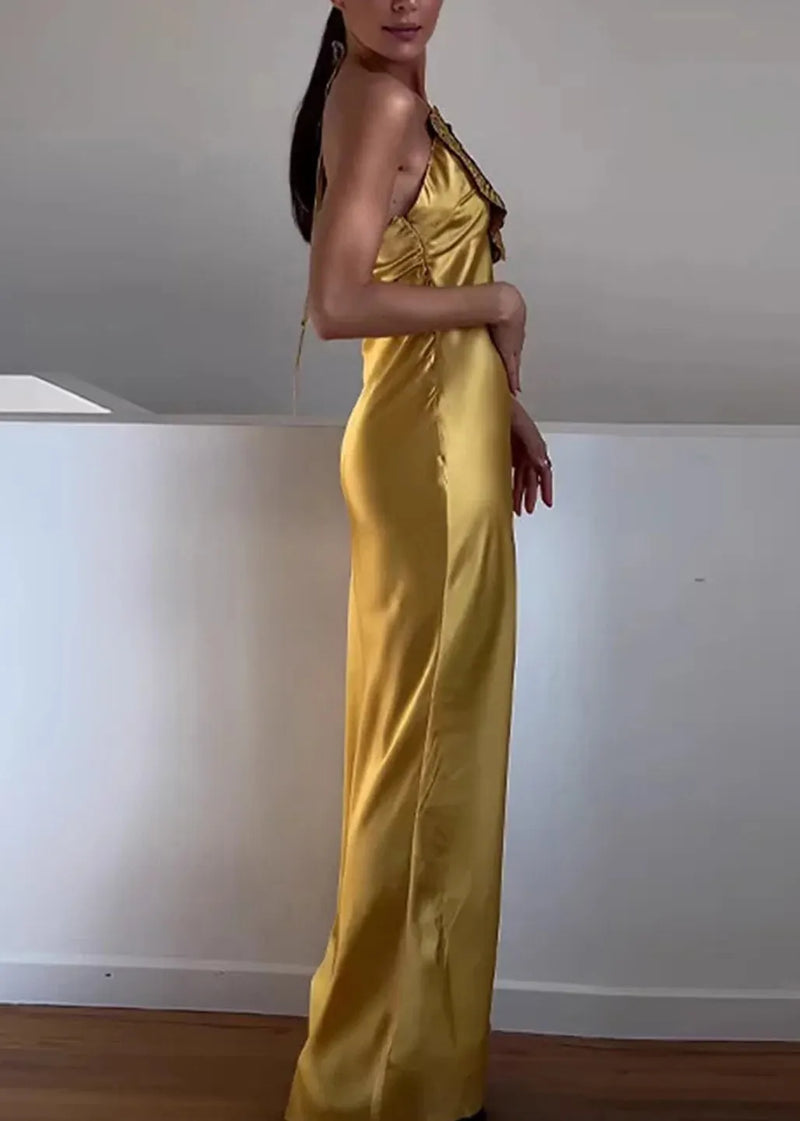 Stylish Yellow Nail Bead Silk Party Dress Sleeveless
