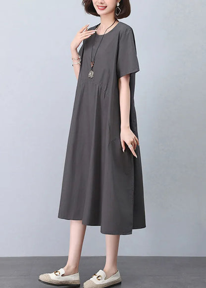 New Grey O Neck Pockets Cotton Dresses Summer
