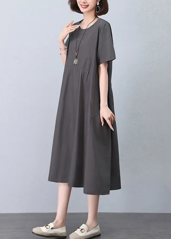 New Grey O Neck Pockets Cotton Dresses Summer