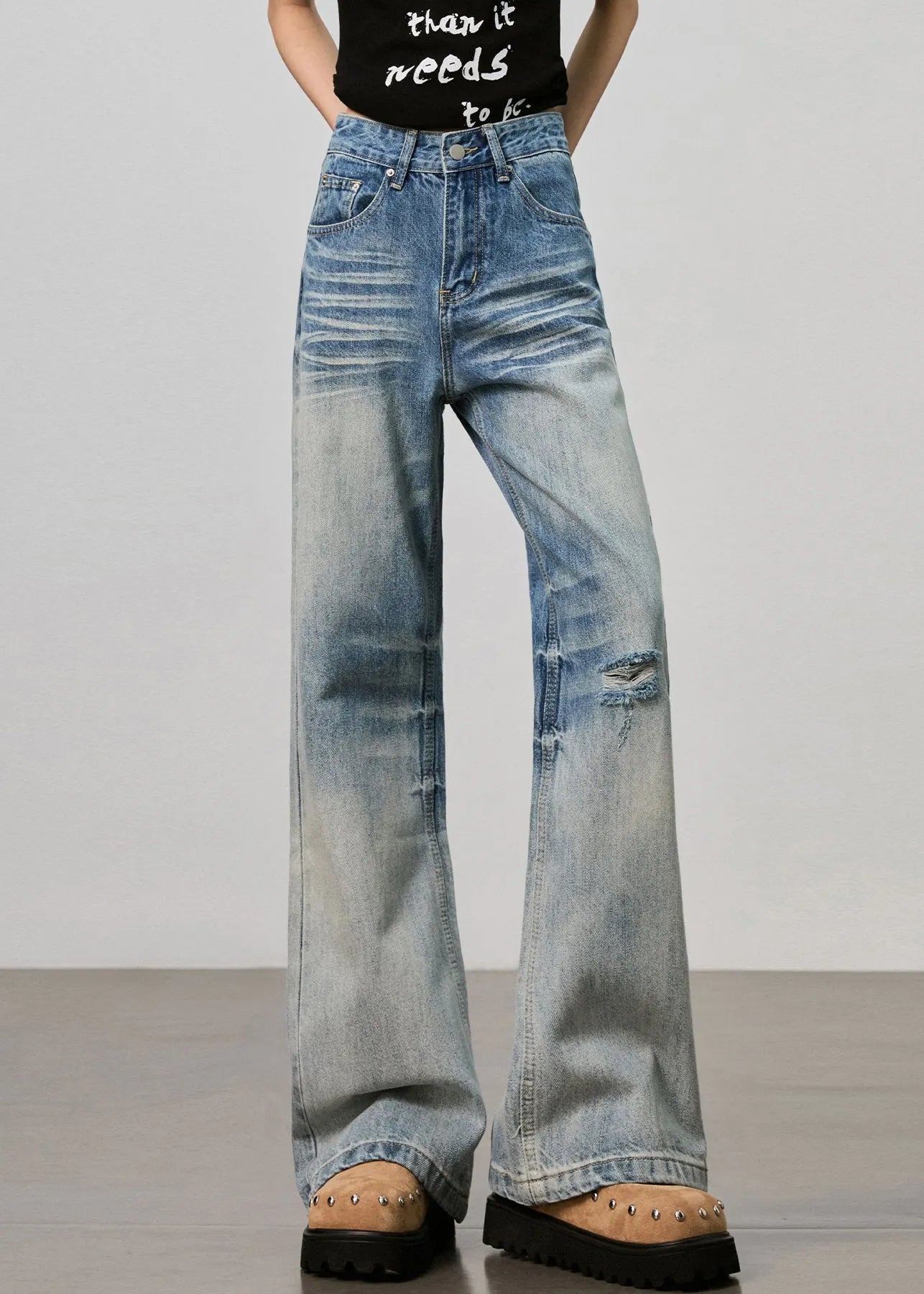 Boutique Blue Pockets High Waist Denim Ripped Pants Fall