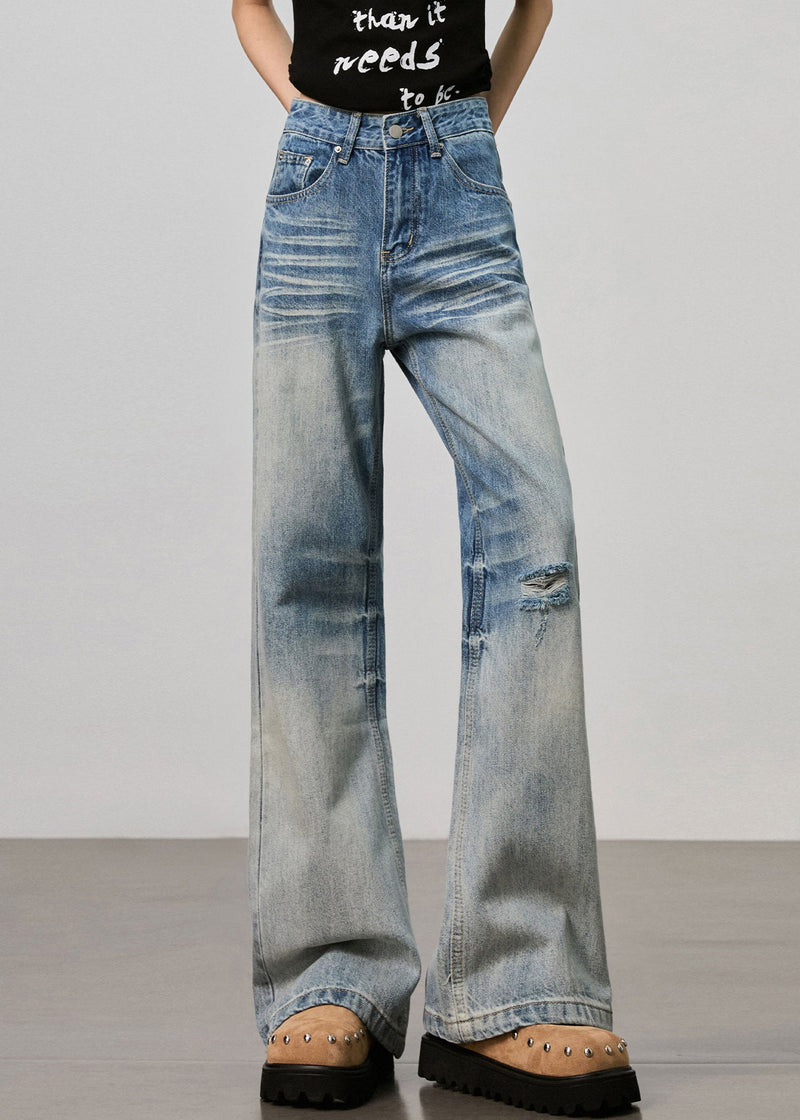 Boutique Blue Pockets High Waist Denim Ripped Pants Fall