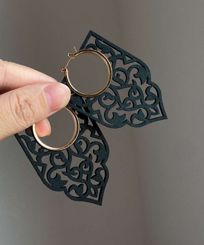 Black Wooden Hollow Out Hoop Earrings