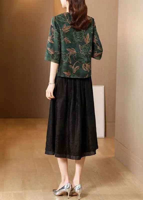 Green V Neck Jacquard Original Design Silk Two Pieces Set Summer