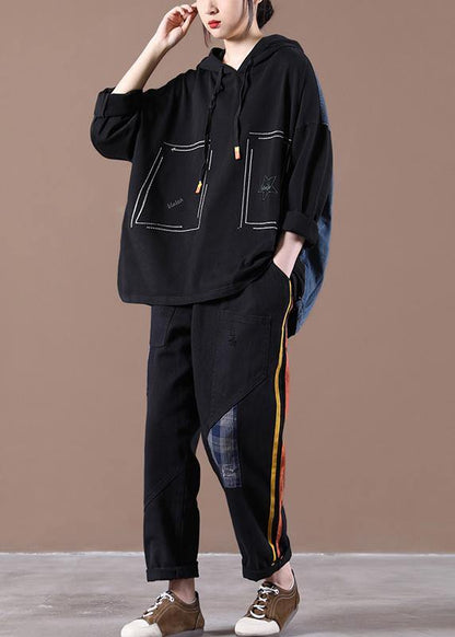 Black Denim Stitching Embroidery Suit