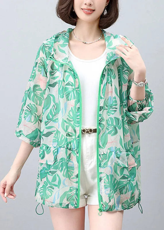 New Green Print Hooded Upf 50+ Coat Jacket Spring
