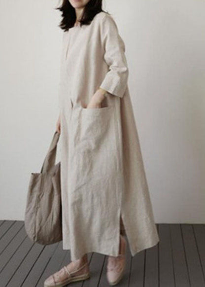 Italian Beige Cinched Side Open Linen Robe Dresses Spring