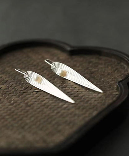 Silk Sterling Silver Pearl Bamboo Leaf Drop Earrings