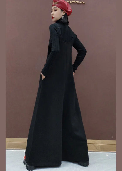 Organic Black Embroideried Wide Leg Pants Jumpsuit Spring
