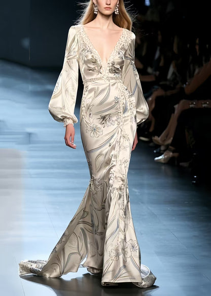 Silm Fit Beige Wraped Print Silk Fishtail Dress Lantern Sleeve