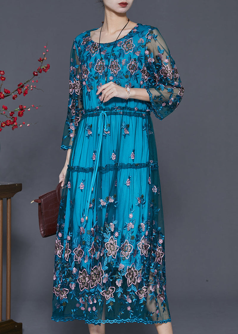 Blue Embroidered Tulle Cinched Dresses Summer