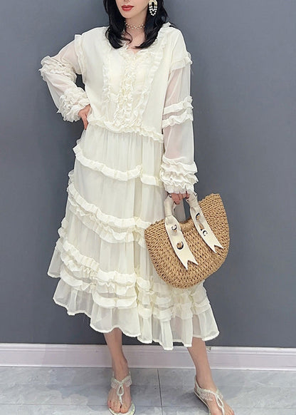 Brief White V Neck Ruffled Chiffon Long Dress Spring