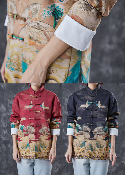 Red Mandarin Collar Print Cotton Shirt Top Spring