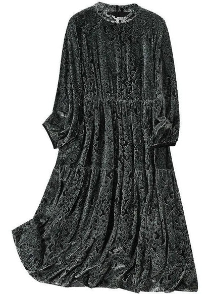 Grey O-neck Patchwork Print Silk Velour Maxi Dress Spring