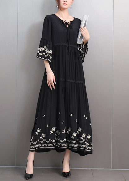 Black Lace Up Ruffled Cotton Long Dresses Embroidered Flare Sleeve Fall