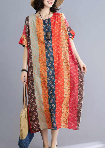 Loose Chocolate Orange O-neck Print Beach Dresses Short Sleeve