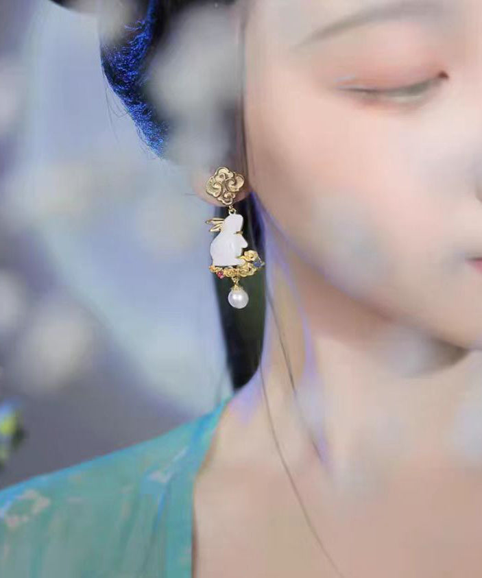 Stylish Yellow Sterling Silver Overgild Jade Pearl Xiangyun the Jade Hare Drop Earrings