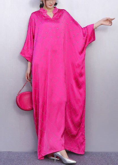 Rose Print Rhinestone Silk Vacation Dresses Batwing Sleeve