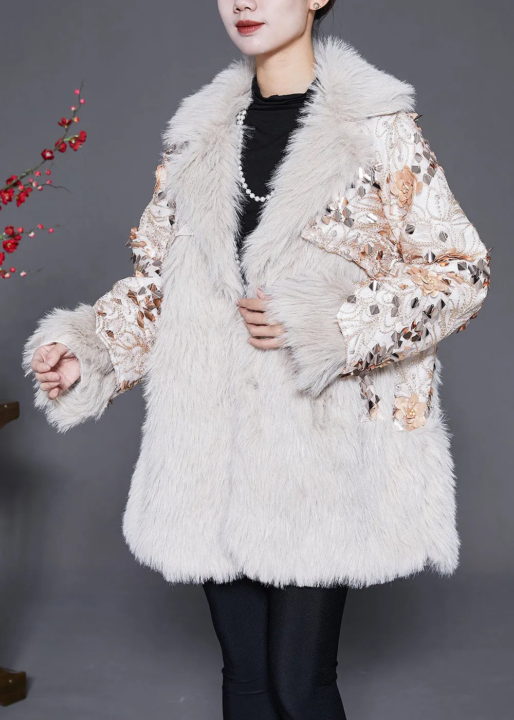 Italian Beige Patchwork Faux Fur Coat Winter