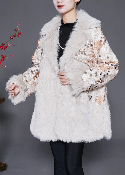 Italian Beige Patchwork Faux Fur Coat Winter