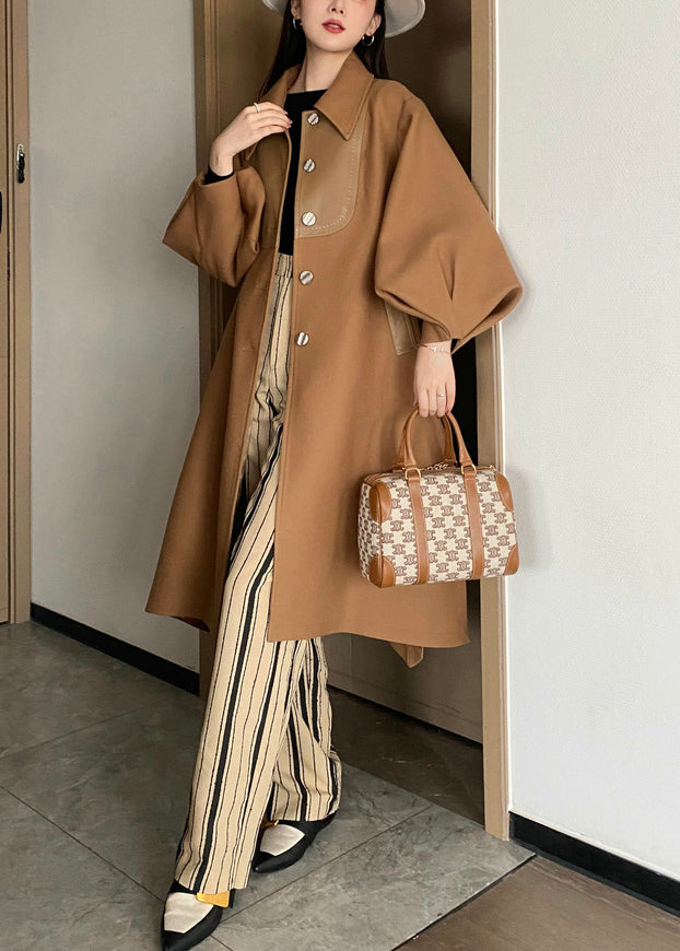 Khaki Button Tie Waist Patchwork Woolen Trench Coats Lantern Sleeve