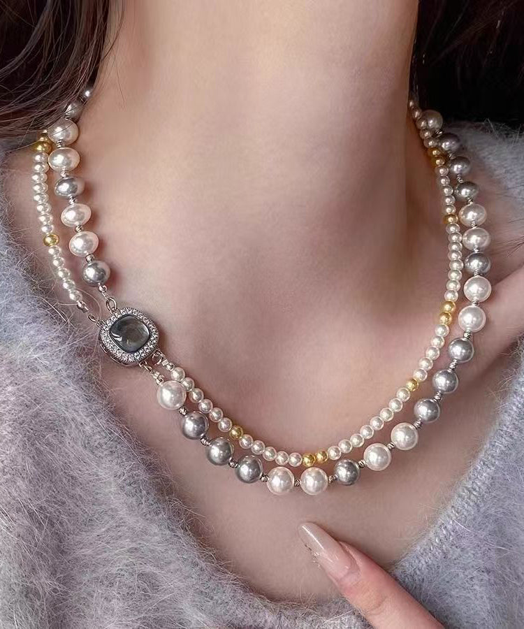 Colorblock Sterling Silver Zircon Double Layer Pearl Square Gratuated Bead Necklace