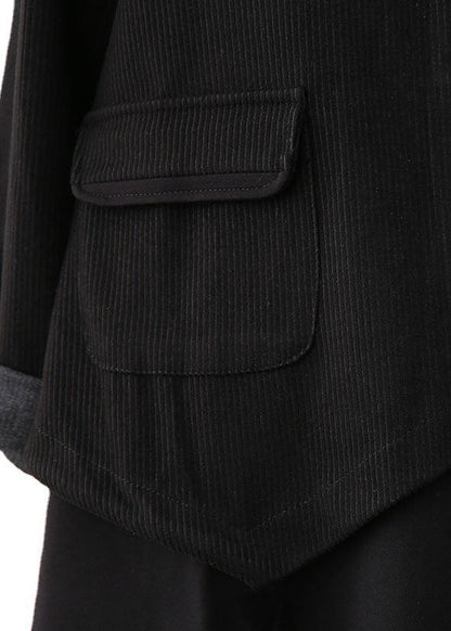 Handmade Black Drawstring Patchwork Striped Coat Fall