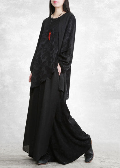 Black Asymmetrical Design Jacquard Silk Two Piece Set Spring