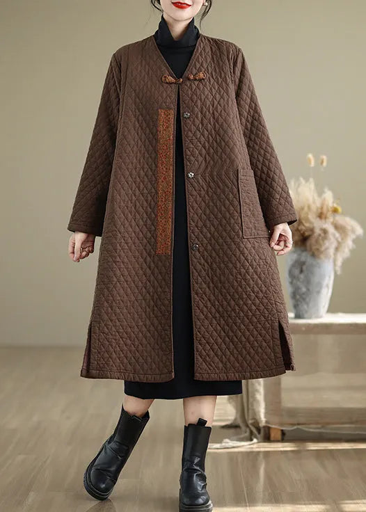 Coffee Pockets Fine Cotton Filled Retro Coats V Neck Winter