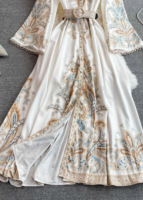 White Stand Collar Print Wrinkled Long Dresses Puff Sleeve