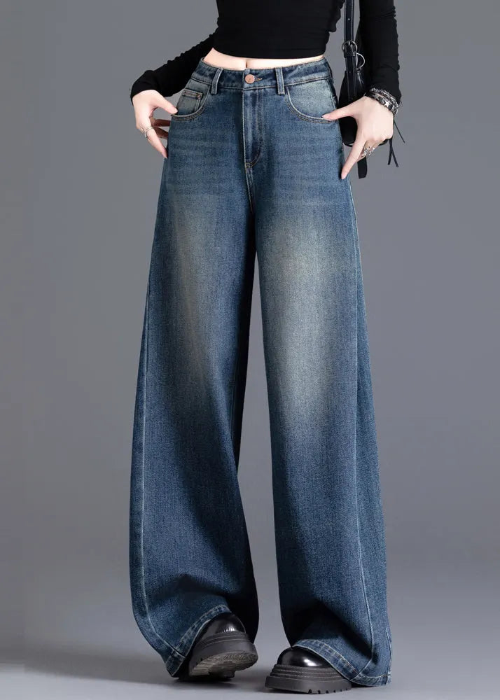 French Navy Oversized Wrinkled Denim Wide Leg Skirt Spring