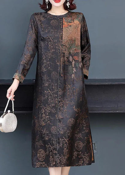 French Brown O-neck Patchwork Side Open Silk Long Dresses Fall