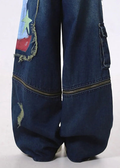 Fitted Navy Patchwork Wear on Both Sides Denim Ripped Pants Spring