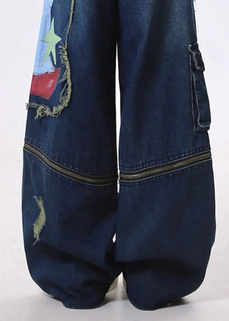 Fitted Navy Patchwork Wear on Both Sides Denim Ripped Pants Spring