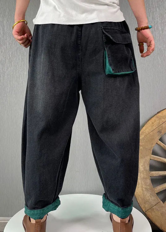 Classy Black Elastic Waist Pockets Denim Pants Spring