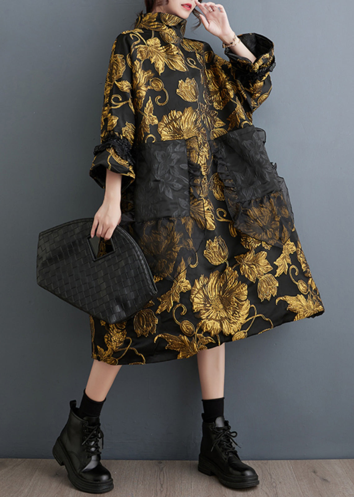 Black High Neck Jacquard Silk Holiday Dresses Spring