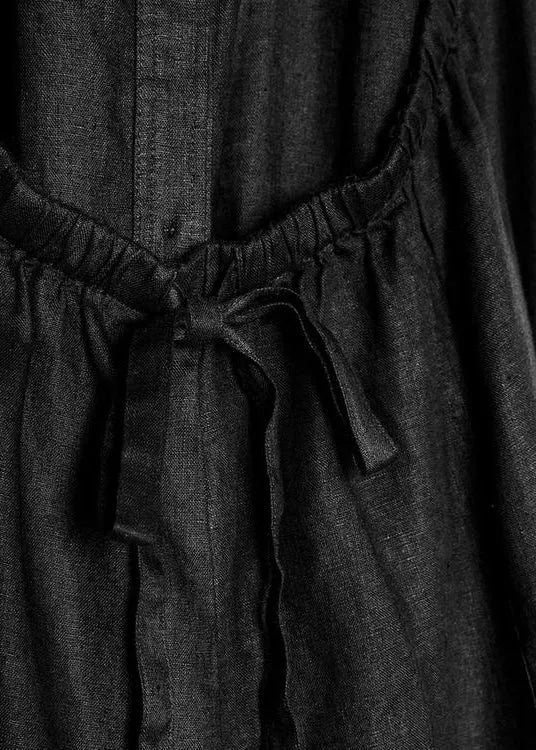 French Black Backless Button Lace Up Linen Long Dresses Sleeveless Summer