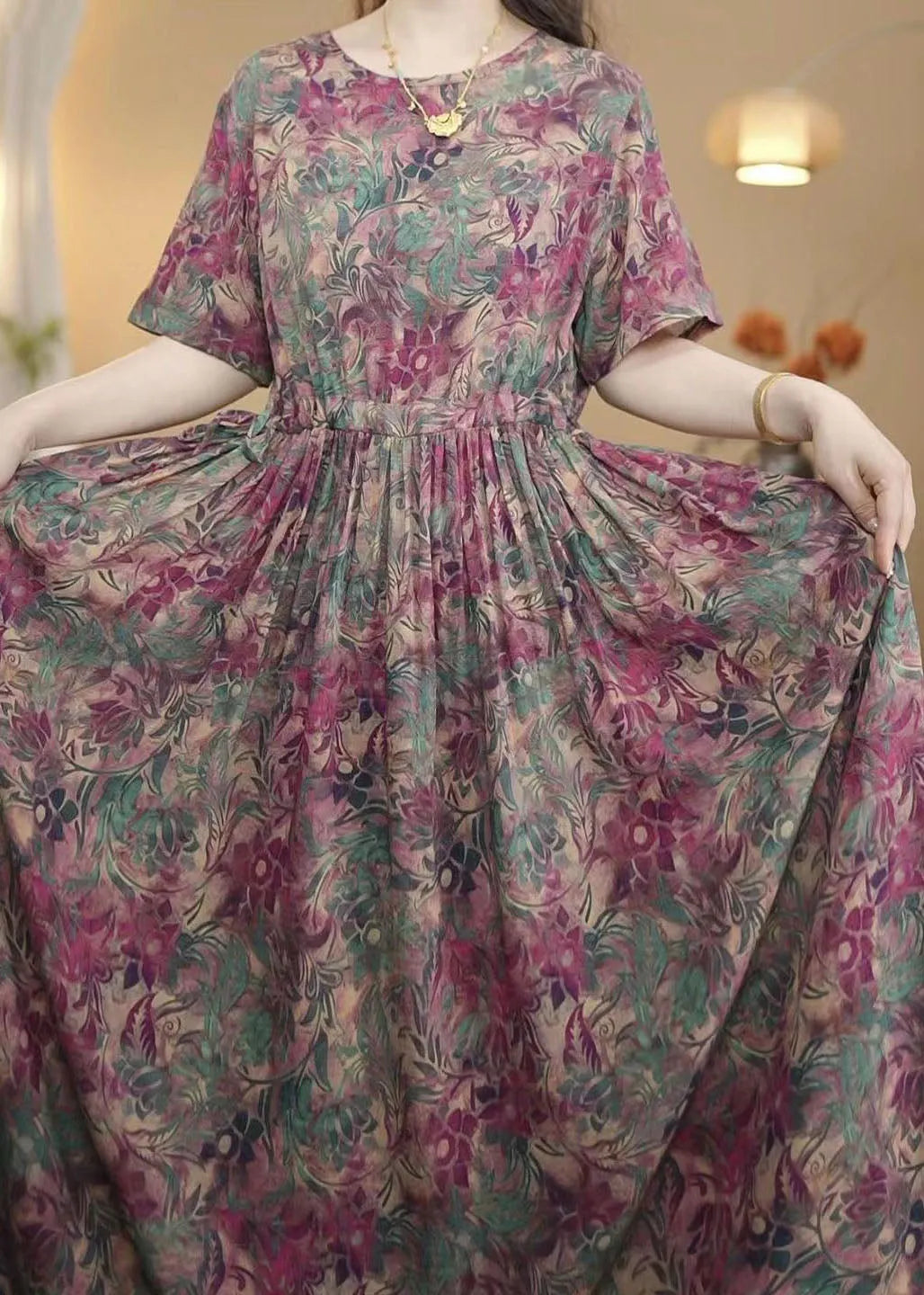 Art Print Exra Large Hem Cotton Cinched Dress Summer