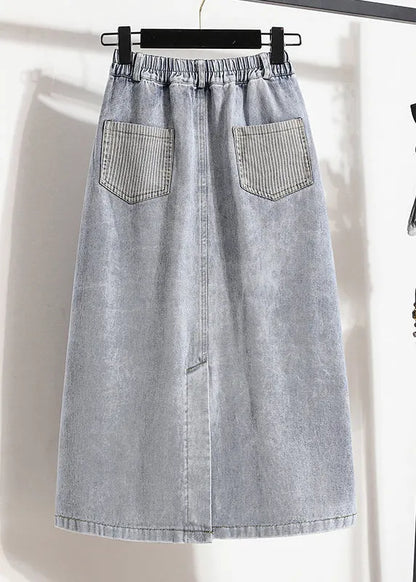 Stylish Light Blue Elastic Waist Patchwork Side Open Denim Skirt Summer
