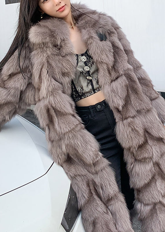 Coffee Fox Collar Pockets Leather and Fur Long Coats Winter