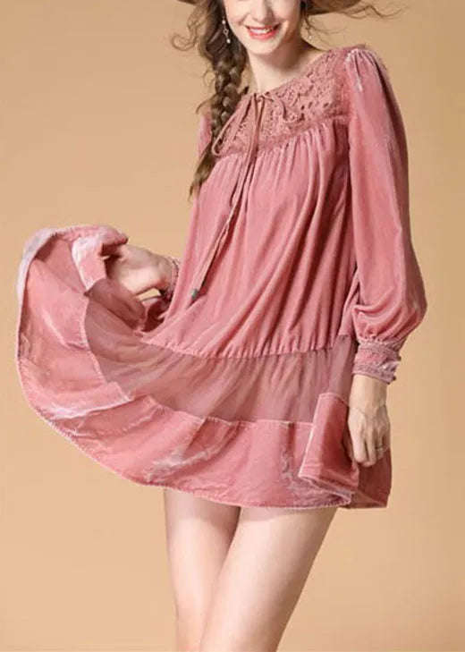 Handmade Pink Embroideried Patchwork Wrinkled Fall Long Sleeve Dress