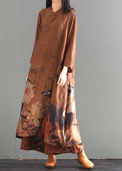 Khaki Print Chinese Button Silk Two Piece Set Clothing Fall
