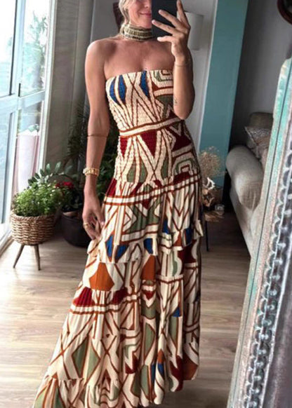 Print Cold Shoulder Patchwork Cotton Long Dress Sleeveless