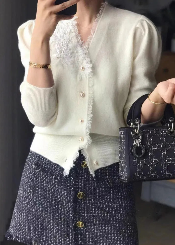 Khaki V Neck Tasseled Embroidered Woolen Cardigan Fall