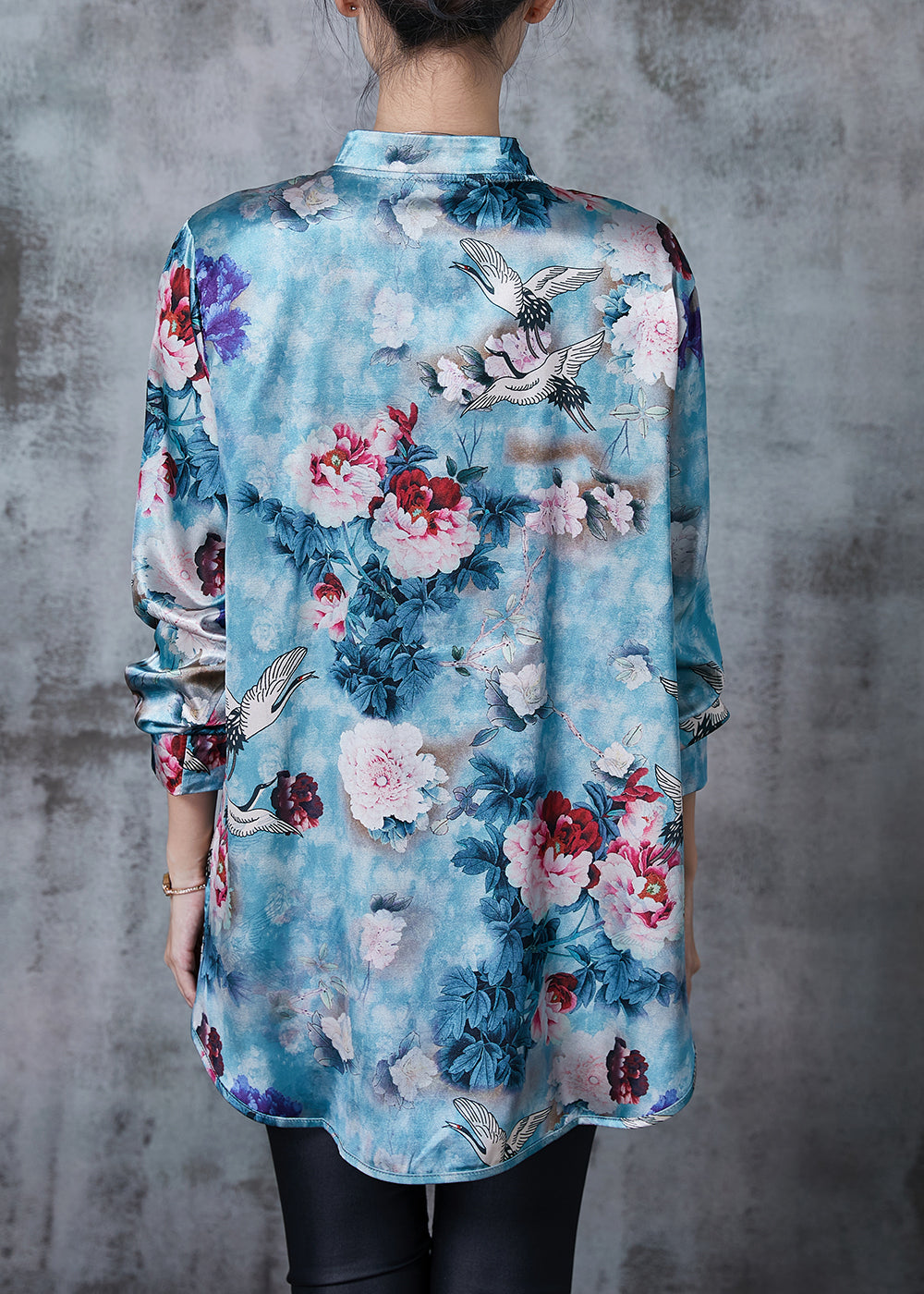 Blue Asymmetrical Print Silk Oriental Shirt Fall