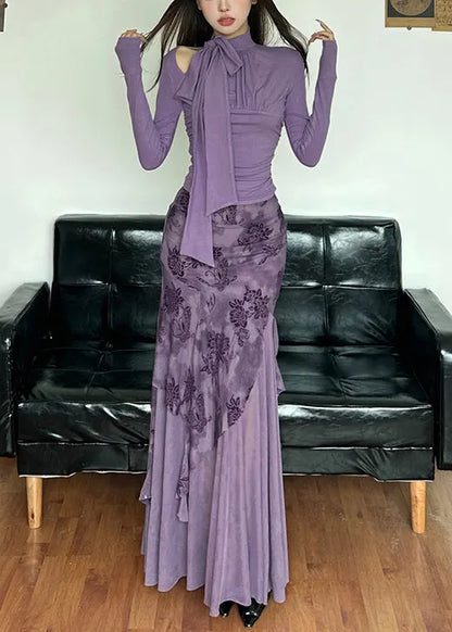 Novelty Purple Lace Up Tulle Patchwork Tops and Skirts Two-piece Set Spring